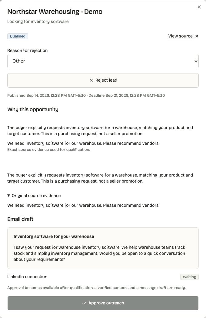 Fareof lead detail for Northstar Warehousing Demo, showing an inventory software buying request, a matching explanation, Qualified status, and a waiting LinkedIn connection.